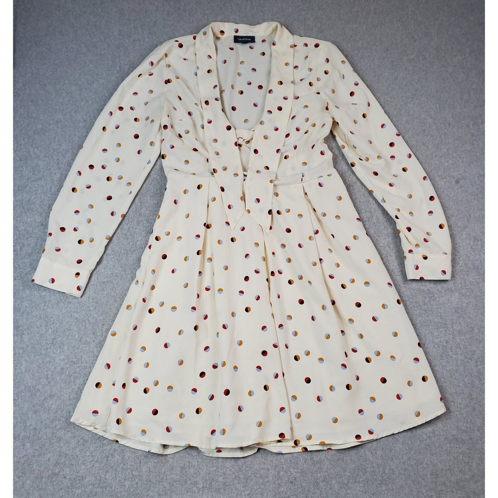 ModCloth Dress Size 10 Pleasant Confidence Ivory Polka Dot Tie Neck Knee Length
